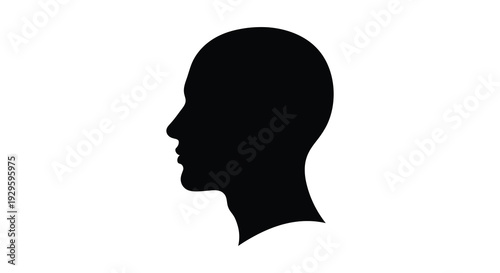 A stark black profile of a human head against a white background creates a minimalist striking silhouette high quality