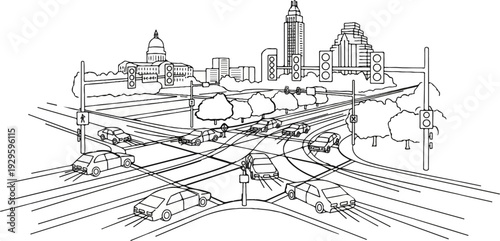 A busy city intersection with cars, traffic lights, and buildings in the background