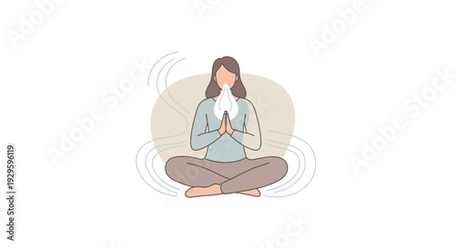 Woman meditating in lotus position with hands together, serene atmosphere, vector illustration, calm environment, peaceful surroundings