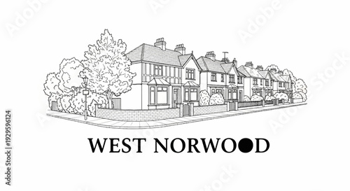 Line drawing of terraced houses with trees and a streetlamp on a corner