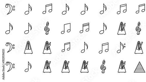 Collection of minimalist music education and notation line art icons