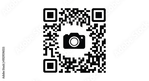 A striking black and white image showcasing a qr code design incorporating a camera graphic silhouette high quality professional