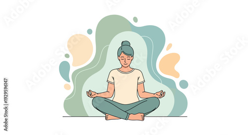A serene individual meditates in lotus position, promoting wellness and tranquility in a peaceful environment, from a front viewpoint.