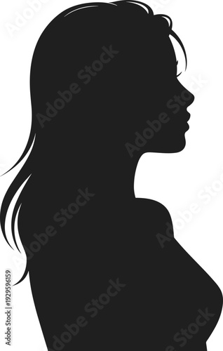 Beautiful black silhouette profile of a young woman with long hair looking forward isolated on white background for beauty and fashion concept design