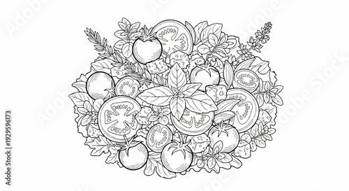 Detailed line drawing of fresh tomatoes, cheese, and herbs arranged artfully
