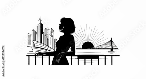 Silhouette of a woman overlooking a city skyline with a sunrise and bridge