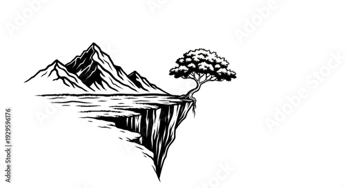 A lone tree clings to a cliff edge, with jagged mountains in the background