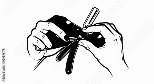 Close-up of two hands sharpening a straight razor with a strop