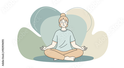 Woman practicing meditation in a serene environment, illustration of mindfulness and wellness from a frontal viewpoint