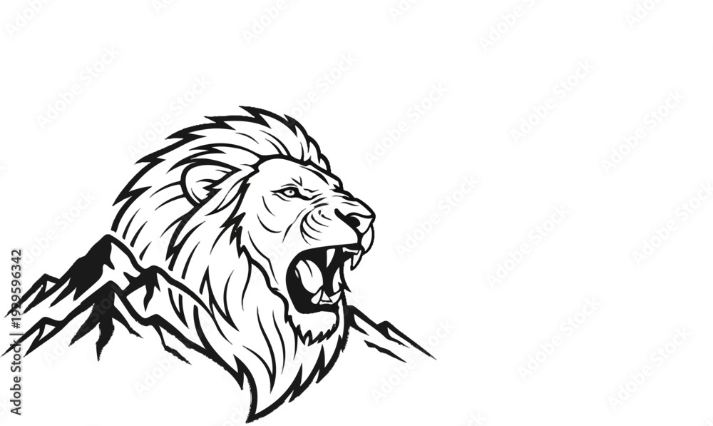 Fototapeta premium Roaring lion with a mane like jagged mountains, in black and white
