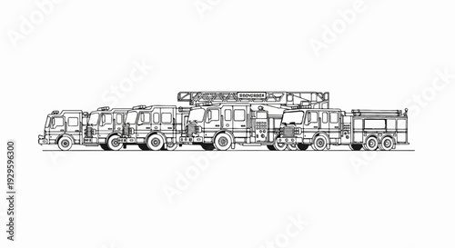 Line art shows a fleet of various fire trucks, from engine to ladder