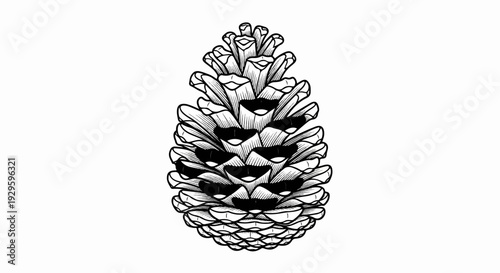 A detailed black and white sketch of a single pine cone on a white background
