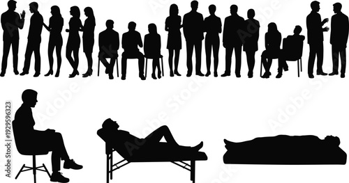 Silhouettes of people in social and therapeutic settings, group dynamics illustration, counseling, medical examination, and solitude concept for design, healthcare, and communication projects