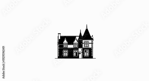 Stylized silhouette of a historical multi-story dwelling with peaked roofs and windows
