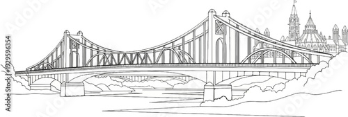 A grand suspension bridge crosses a wide river, leading to ornate buildings