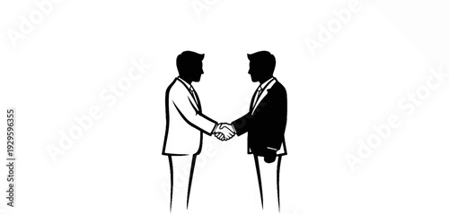 Two silhouetted men in suits shake hands against a stark white background