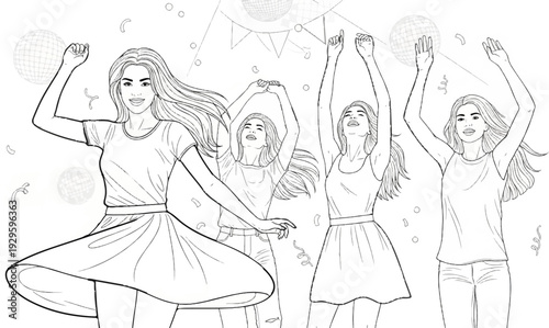 Four young women joyfully dancing under disco balls and falling confetti