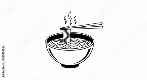 Black and white illustration of steaming noodles being lifted by chopsticks from a bowl