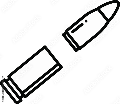 A minimalist line art drawing shows a bullet and cartridge case