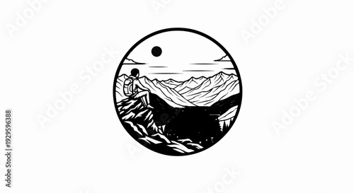 Hiker contemplates vast mountain range from a rocky perch under a bright sky