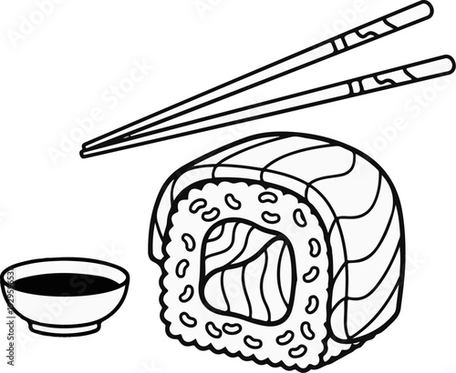 A single piece of sushi, chopsticks, and a dipping sauce bowl