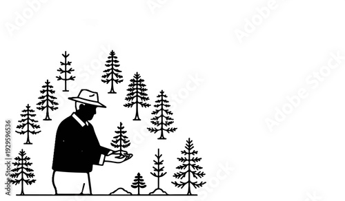 A person in a hat holds a small pine sapling surrounded by many trees