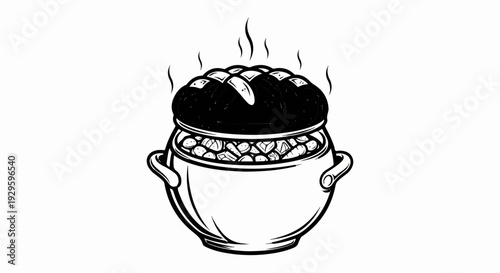 Black and white illustration of a rustic pot brimming with vegetables, topped with a crusty loaf