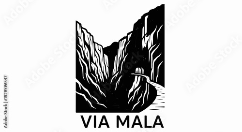 Dramatic woodcut-style scene of a steep canyon with a winding path leading into a tunnel