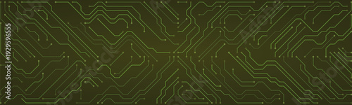Green digital circuit board pattern with interconnected lines and nodes on a dark olive green background representing technology and data networks