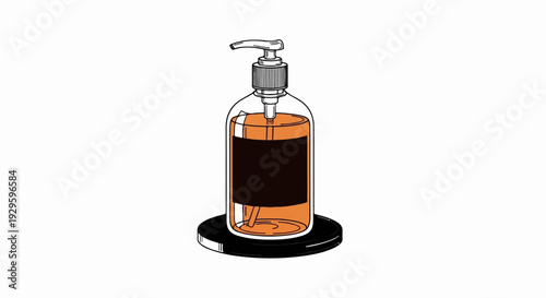 Amber liquid dispenser with a black label on a black base