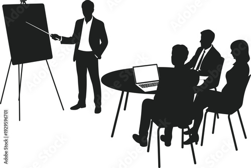 Black silhouette of professional business man giving a presentation using a flipchart to colleagues sitting at a round table with a laptop isolated on white
