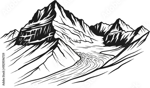 Jagged peaks rise above a winding glacial valley in a stark black and white drawing