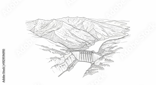 A sprawling dam is depicted at the base of majestic, tree-covered mountains