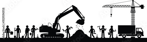 Construction Site Silhouette Vector Featuring Industrial Workers Excavator Crane and Heavy Machinery for Civil Engineering Building Projects and Professional Labor Graphics