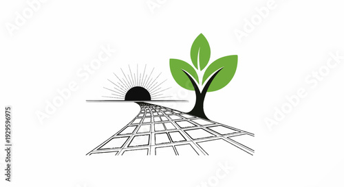 Sun rising over a solar panel grid, with a green tree growing from its side