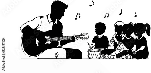A man plays guitar while children play flute and drum, with music notes above