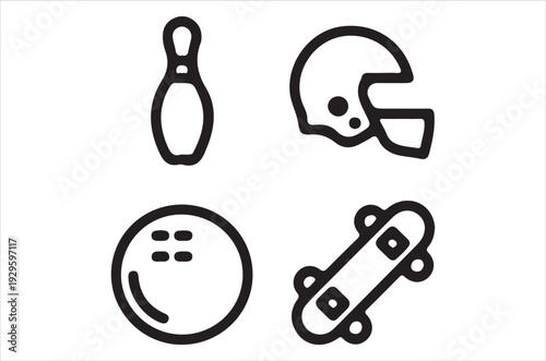 Simple black and white icons depicting bowling football and skateboarding