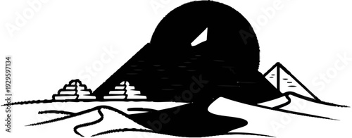 A stark, stylized monochrome depiction of ancient pyramids and desert dunes under a large, shadowed sun