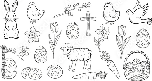 A collection of hand-drawn Easter-themed elements, including a bunny, chicks, and eggs