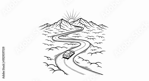 A winding road leads to sunlit mountains past a flock of birds