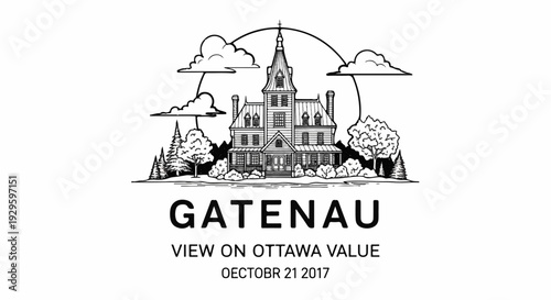 An old manor house surrounded by trees and clouds with the text "GATENAU" below