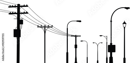 Silhouettes of utility poles and streetlights, electrical distribution and public lighting illustration, urban infrastructure design elements for architecture, engineering, and cityscape concepts
