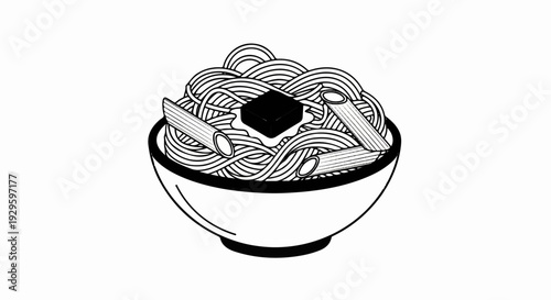 A black and white illustration of a bowl filled with spaghetti, penne pasta, and a square of butter