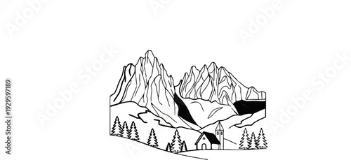Stylized mountain range with a small village nestled below