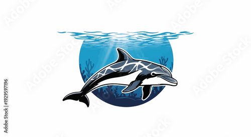 A stylized dolphin swims through underwater plants, with sun rays filtering through waves