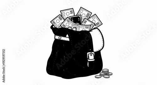 A black bag overflows with paper money and a few coins sit beside it