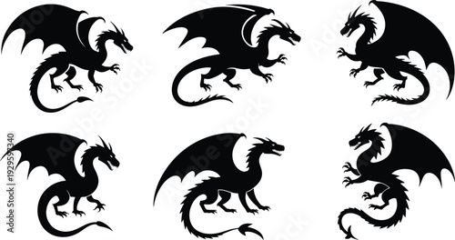 Set of black fantasy dragon silhouettes in various flying and perched poses isolated on white background for mythical creature design.