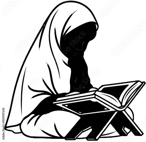 Silhouette of a person wearing a hijab, reading a book on a stand