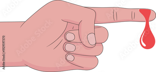 Close up flat vector illustration of a human hand with a drop of red blood on the index finger for medical testing and healthcare