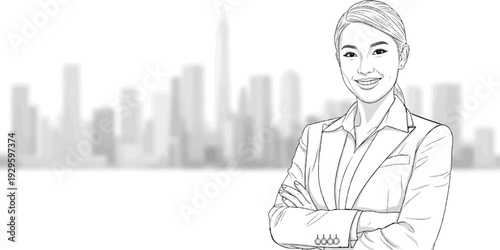 Confident professional woman with arms crossed against a blurred city skyline